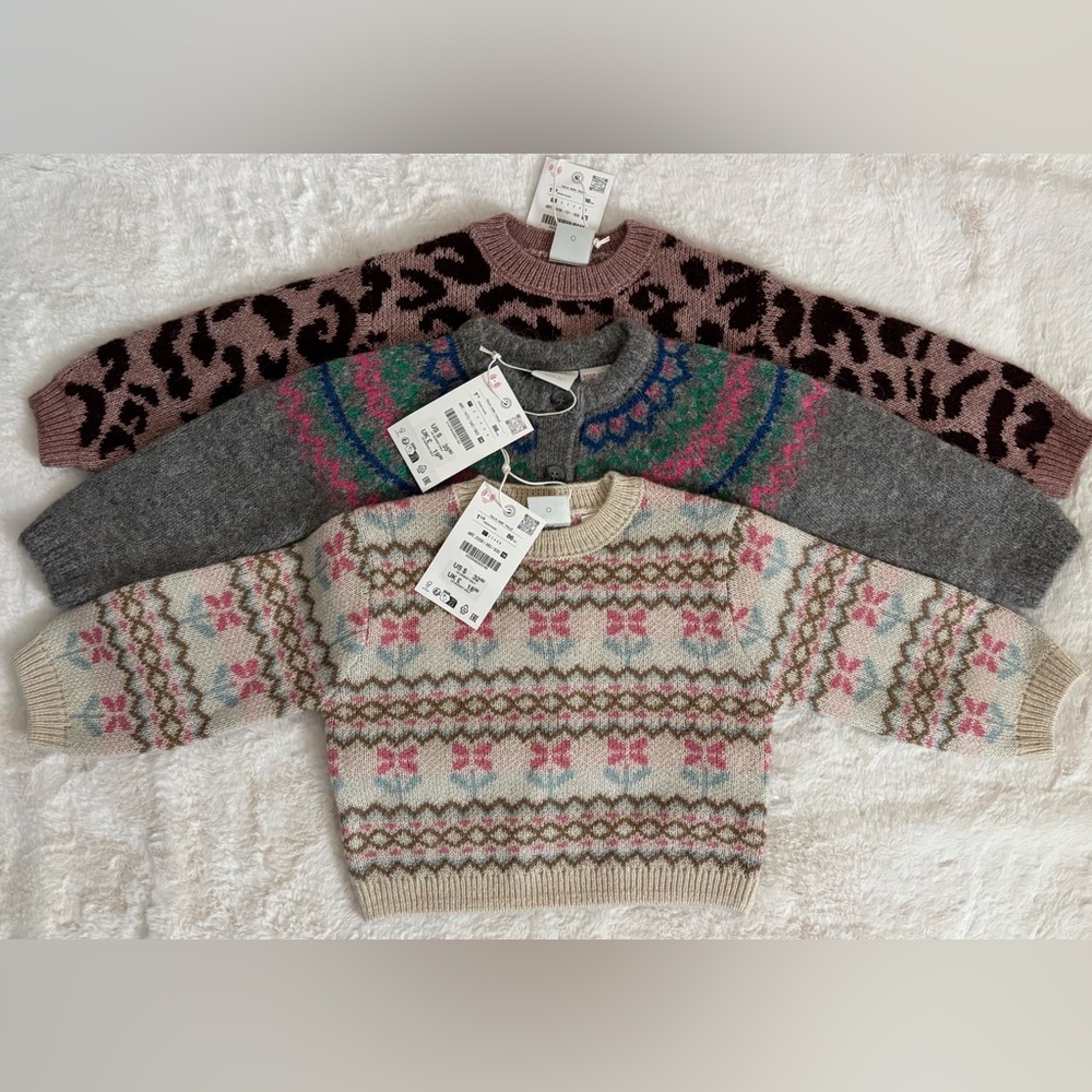 All for $45 Zara kids Sweater Trio in Cream, Gray, and Pink